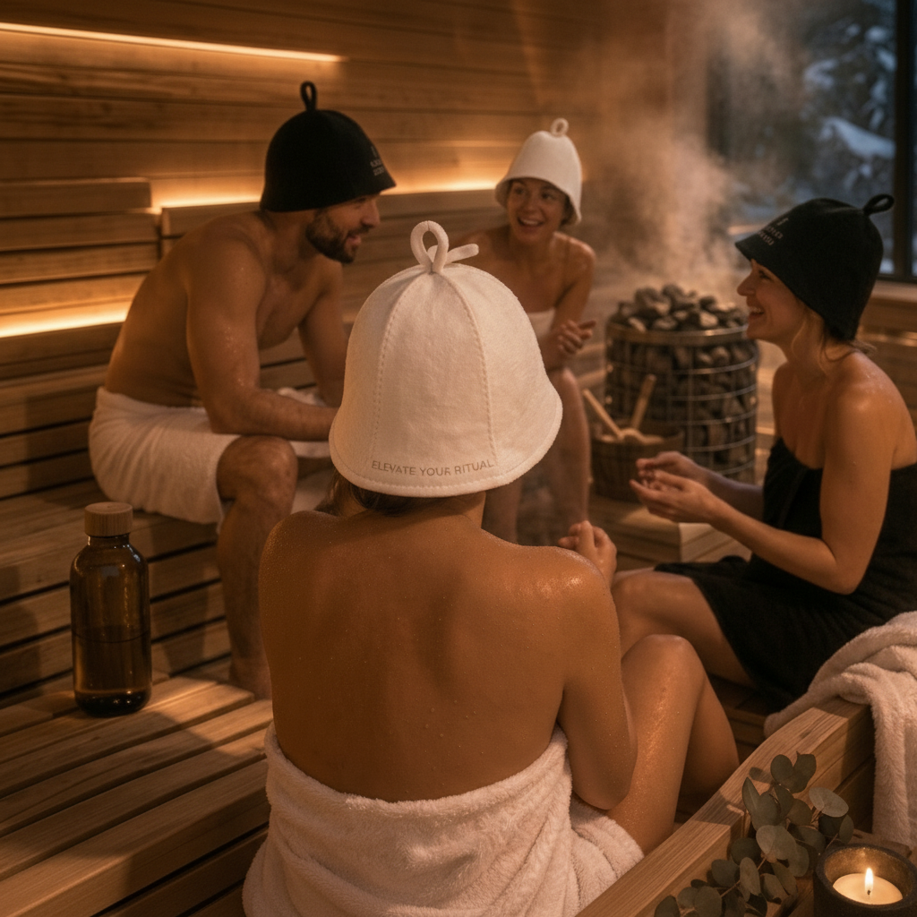 Luxury sauna experience with friends in a wooden sauna wearing Sauna Societe felt sauna hats for wellness and relaxation.